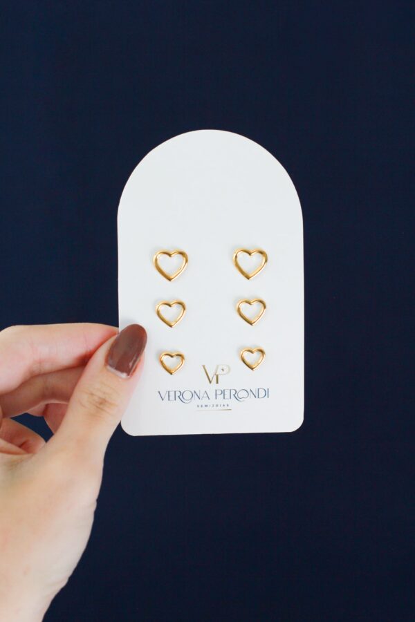 Trio Brincos Coração em Ouro